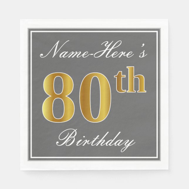 Serviette En Papier Elégant Grey, Faux Gold 80e anniversaire; Nom pers (Devant)