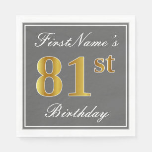 Serviette En Papier Elégant Grey, Faux Gold 81ème Anniversaire; Nom pe