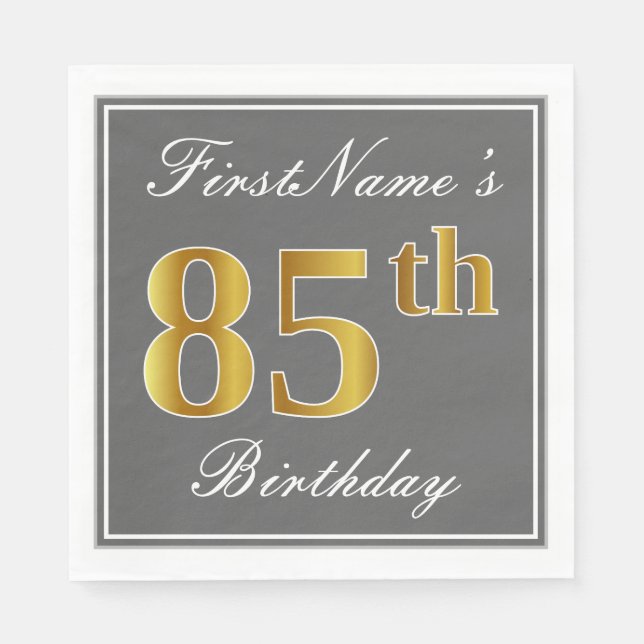 Serviette En Papier Elégant Grey, Faux Gold 85e anniversaire; Nom pers (Devant)