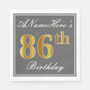 Serviette En Papier Elégant Grey, Faux Gold 86e anniversaire; Nom pers