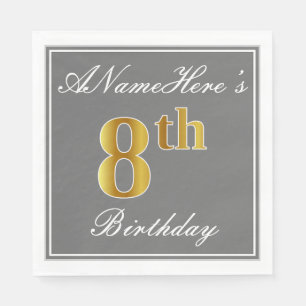 Serviette En Papier Elegant Grey, Faux Gold 8e anniversaire + Nom pers