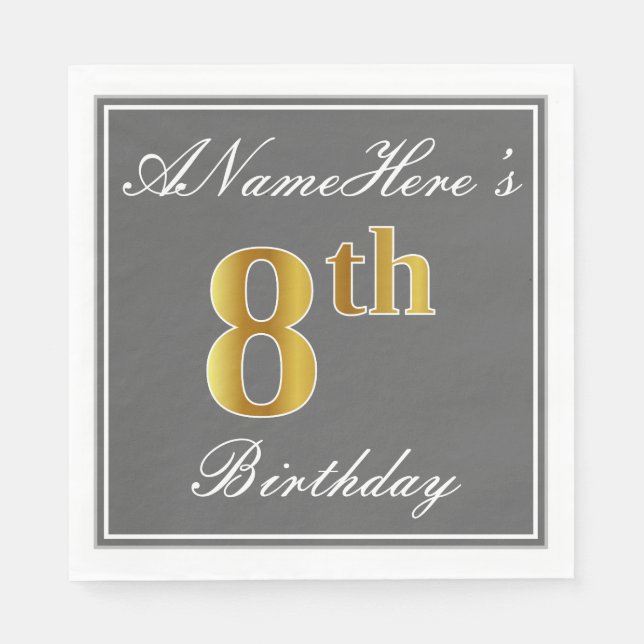 Serviette En Papier Elegant Grey, Faux Gold 8e anniversaire + Nom pers (Devant)