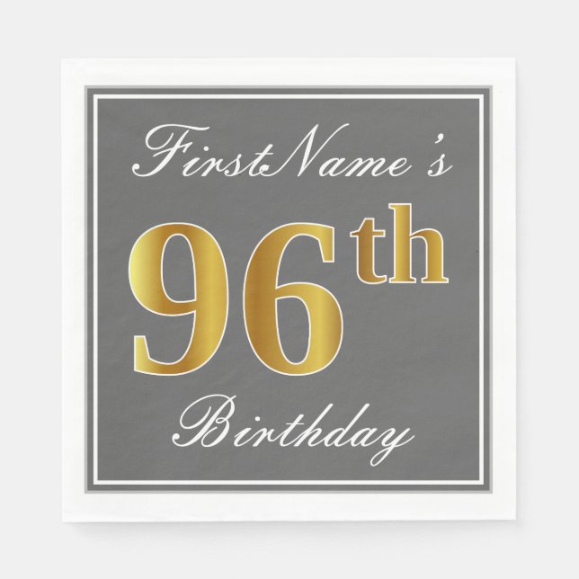 Serviette En Papier Elégant Grey, Faux Gold 96e anniversaire; Nom pers (Devant)