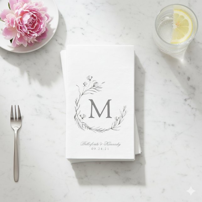 Serviette En Papier Élégant gris blanc Mariage de couronne (Elegant Gray White Botanical Wreath Wedding Paper Guest Towels)