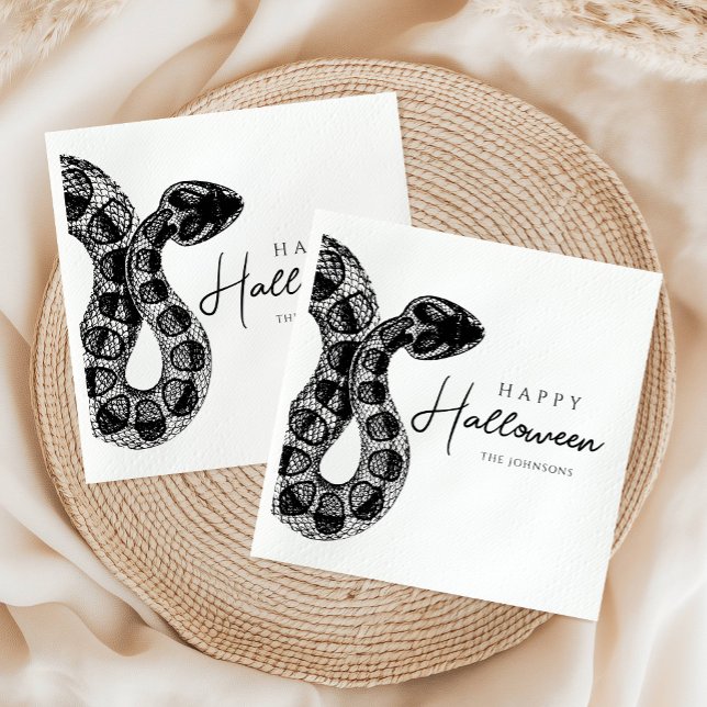 Serviette En Papier Élégant Halloween Serpent Noir Et Blanc (Elegant Black And White Snake Halloween Napkins)