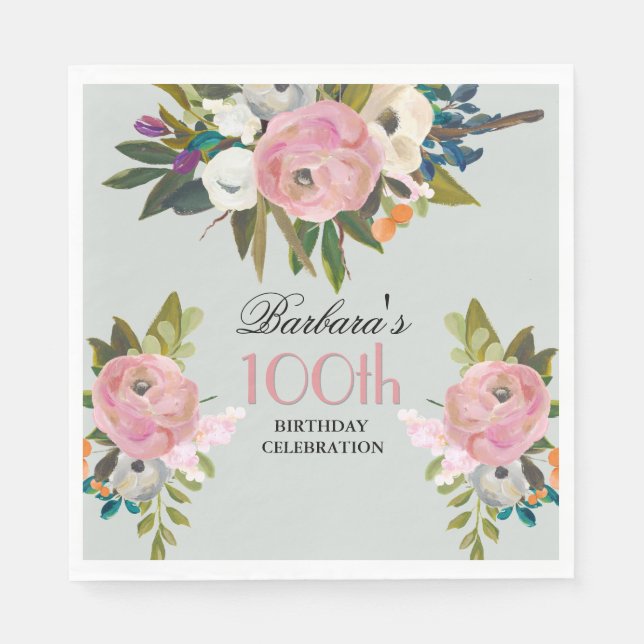 Serviette En Papier Elegant Handpainted Floral 100th Birthday Party  (Devant)