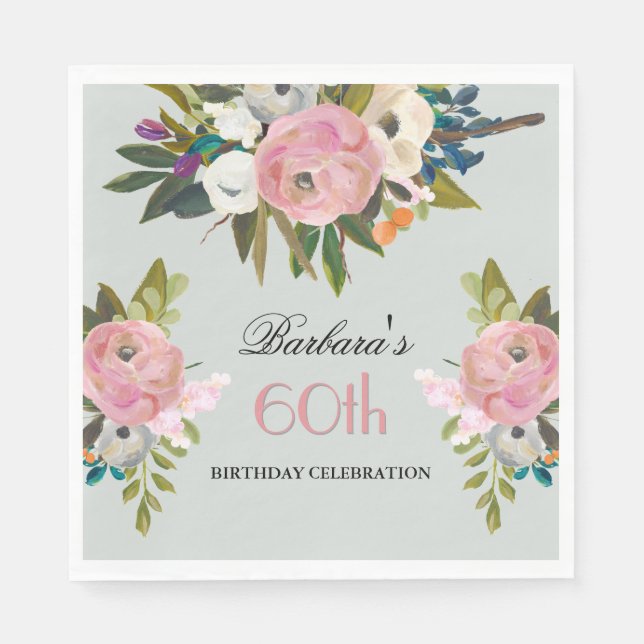 Serviette En Papier Elegant Handpainted Floral 60th Birthday Party  (Devant)