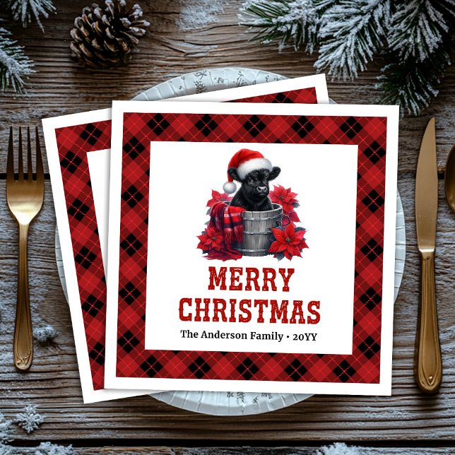 Serviette En Papier Elegant highland cow red black plaid Xmas napkins (Elegant highland cow red black plaid Xmas napkin)