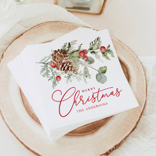 Serviette En Papier Elegant Holly Berries et Pine Cones Noël