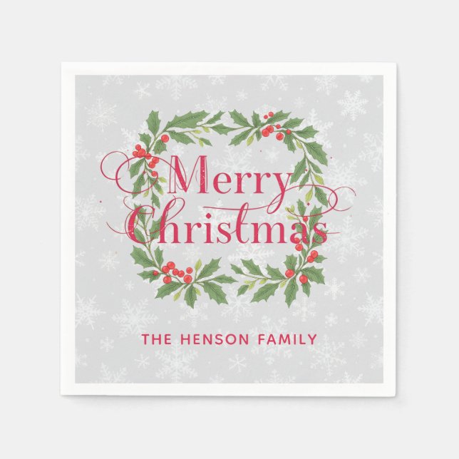 Serviette En Papier Elegant Holly Wreath Merry Christmas (Devant)