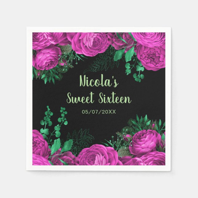 Serviette En Papier Elegant Hot Pink Flowers Sweet Sixteen (Devant)