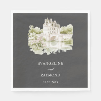 Serviette En Papier Élégant Jardin de Manoir à l'Aquarelle Mariage Gri