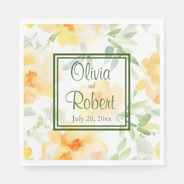 Serviette En Papier Elégant jaune pêche orange aquarelle fleurie (Devant)