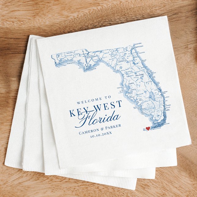 Serviette En Papier Élégant Key West Florida Mariage de carte (Elegant Welcome to Key West FL Wedding napkins with navy blue Florida Map from Coastal Map Designs)