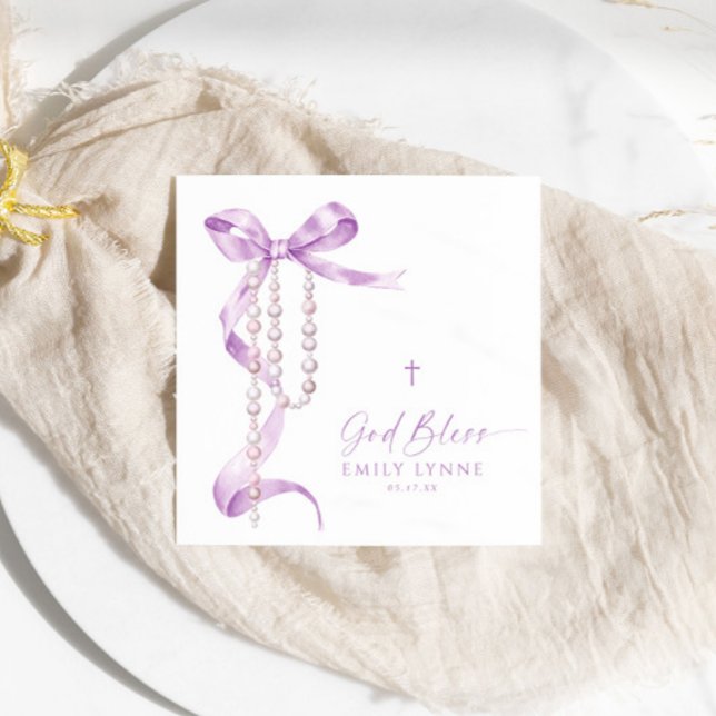 Serviette En Papier Élégant Lavender Bow & Rosary Baptisme (Créateur téléchargé)