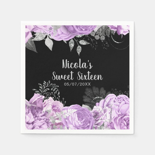 Serviette En Papier Elegant Lilac and Silver Flowers Sweet Sixteen (Devant)