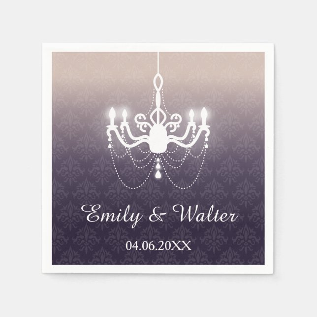 Serviette En Papier Élégant Lustre Sur Purple Avec Noms Mariage (Devant)