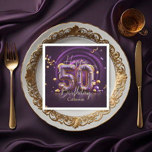 Serviette En Papier Elégant luxueux violet et or 50e anniversaire