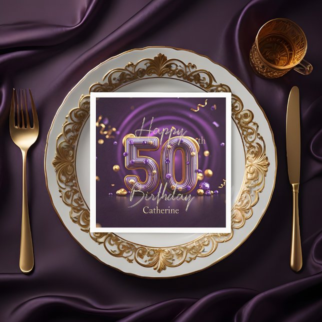 Serviette En Papier Elégant luxueux violet et or 50e anniversaire (Créateur téléchargé)