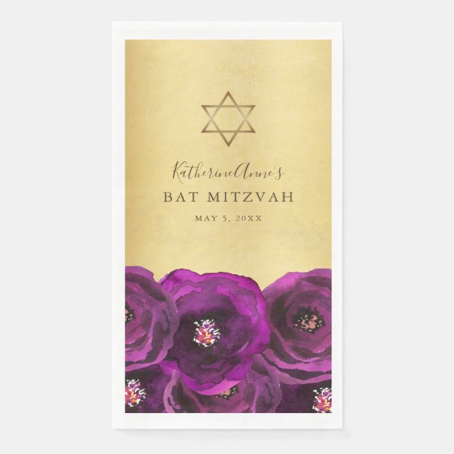 Serviette En Papier Elegant Magenta Rose Floral Gold Bat Mitzvah (Devant)