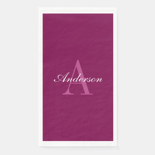 Serviette En Papier Élégant Magenta Rouge, rose & blanc Nom & Monogram (Devant)