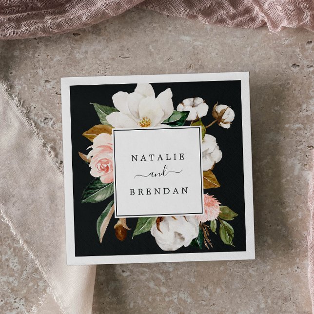 Serviette En Papier Élégant Magnolia | Mariage noir et blanc (Créateur téléchargé)