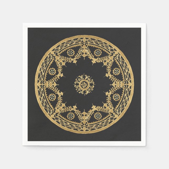 Serviette En Papier Elégant mandala noir et or (Devant)