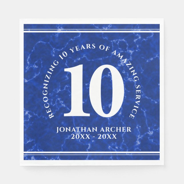 Serviette En Papier Élégant Marbre Bleu 10 Anniversaire du travail (Devant)