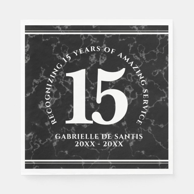 Serviette En Papier Élégant marbre noir 15 ans de travail Anniversaire (Devant)
