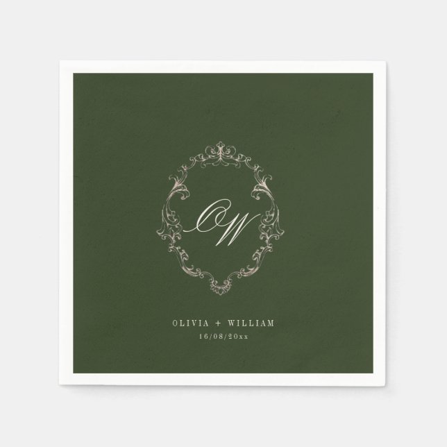 Serviette En Papier Élégant Mariage au Vert Olive Monogramme (Devant)