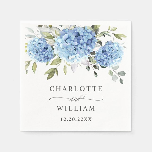 Serviette En Papier Élégant Mariage bleu Hydrangea Eucalyptus (Devant)