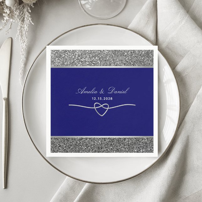 Serviette En Papier Élégant Mariage Bleu Royal Argent (Créateur téléchargé)