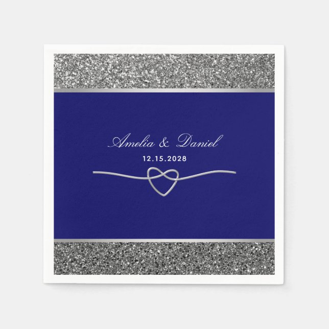 Serviette En Papier Élégant Mariage Bleu Royal Argent (Devant)