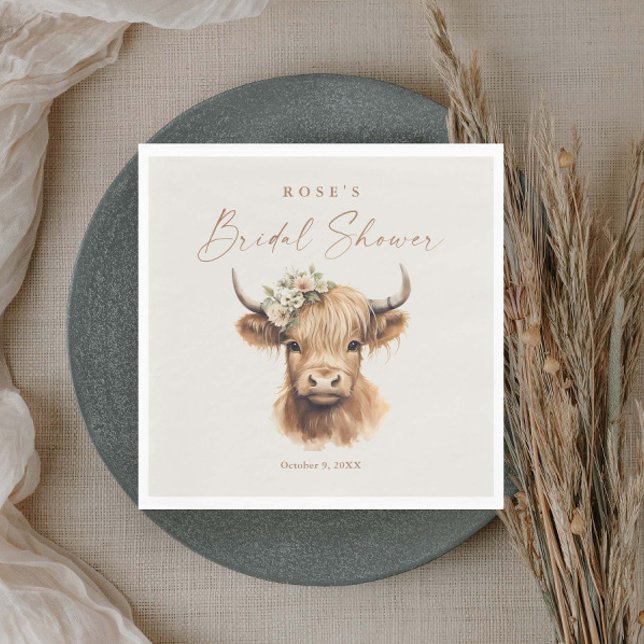 Serviette En Papier Élégant Mariage Bohème Vache des Highlands (Elegant boho highland cow bridal shower napkins.)