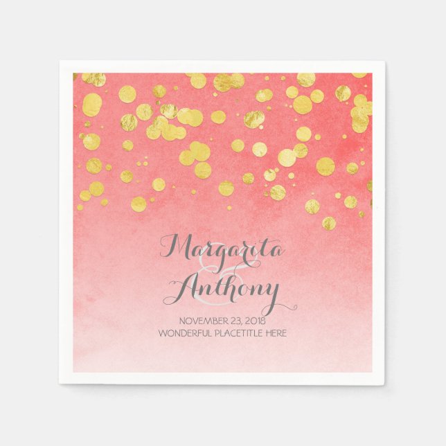 Serviette En Papier Élégant Mariage corail et or (Devant)