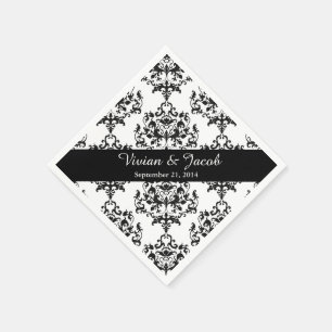 Serviette En Papier Élégant Mariage damassé noir et blanc Napkin