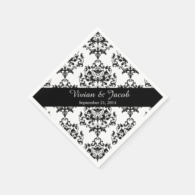 Serviette En Papier Élégant Mariage damassé noir et blanc Napkin (Coin)
