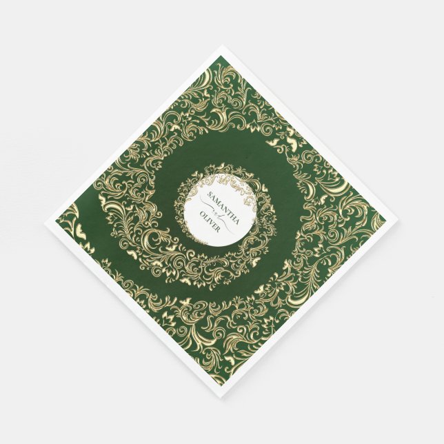 Serviette En Papier Élégant Mariage damassé verte (Coin)