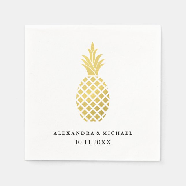 Serviette En Papier Élégant Mariage d'ananas en or (Devant)