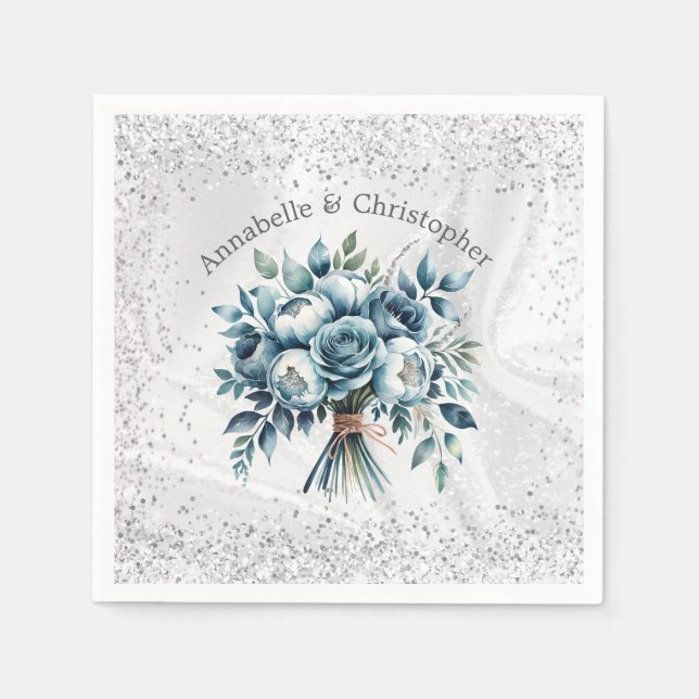 Serviette En Papier Elégant Mariage de bouquet bleu bleu argent Dusty (Devant)