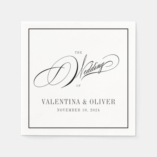 Serviette En Papier Élégant Mariage de calligraphie noir et blanc (Devant)