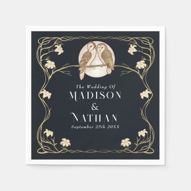 Serviette En Papier Élégant Mariage de Chouettes Art Nouveau (Devant)