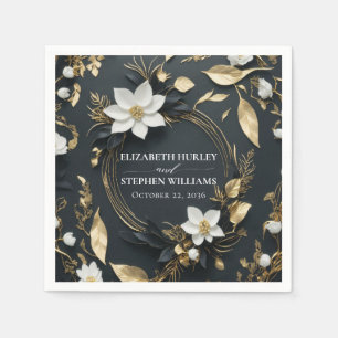 Serviette En Papier Élégant Mariage de couronnes florales noir blanc e