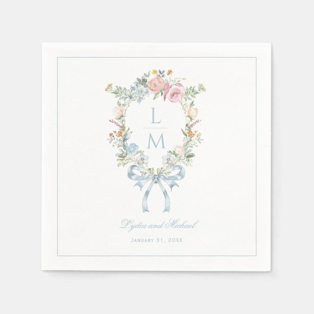 Serviette En Papier Élégant Mariage de monogramme de couronne fleurie (Devant)