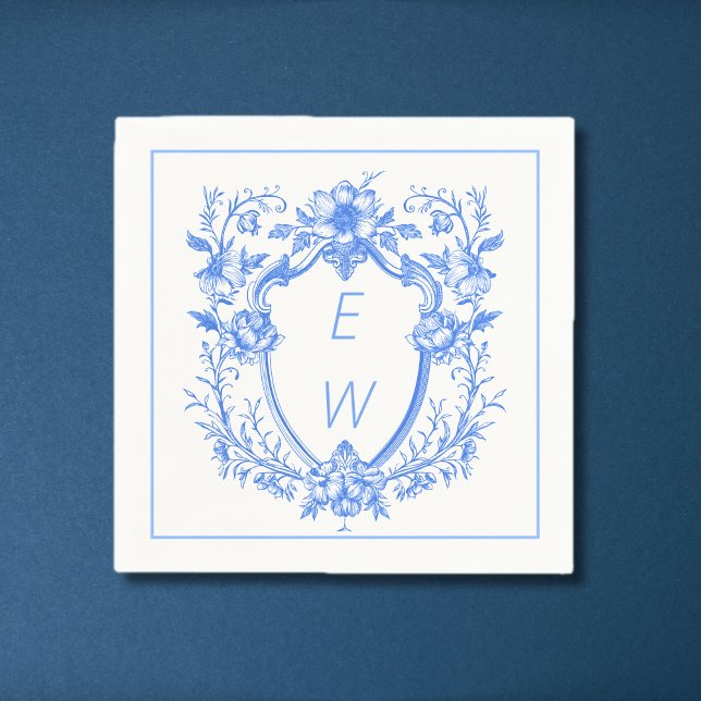 Serviette En Papier Élégant Mariage de monogramme de crête bleue (Elegant Blue Crest Monogram Wedding Napkins)