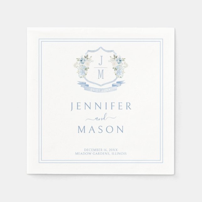 Serviette En Papier Élégant Mariage de monogramme de crête florale ble (Devant)