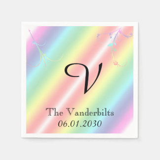 Serviette En Papier Élégant Mariage de monogramme floral arc-en-ciel