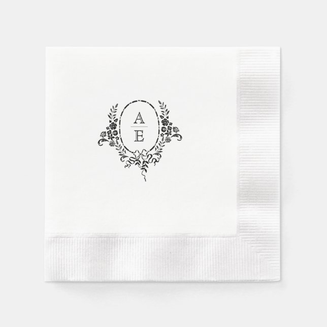Serviette En Papier Élégant Mariage de monogramme floral noir et blanc (Devant)