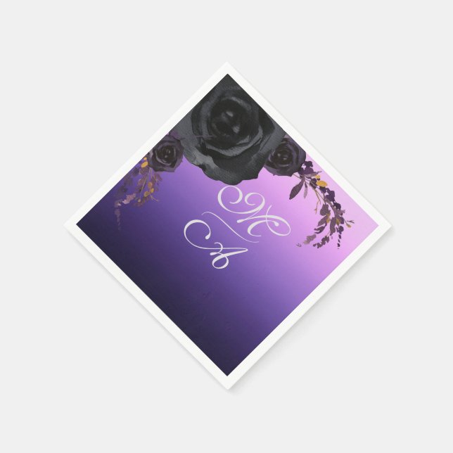 Serviette En Papier Élégant Mariage de monogramme floral noir et pourp (Coin)