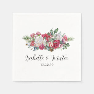 Serviette En Papier Élégant Mariage de Noël Floral Rose Rouge
